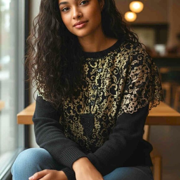 Vintage I.B. Diffusion Black Pullover Silk Blend Knit Sweater Gold Lace Beads L - Picture 1 of 8